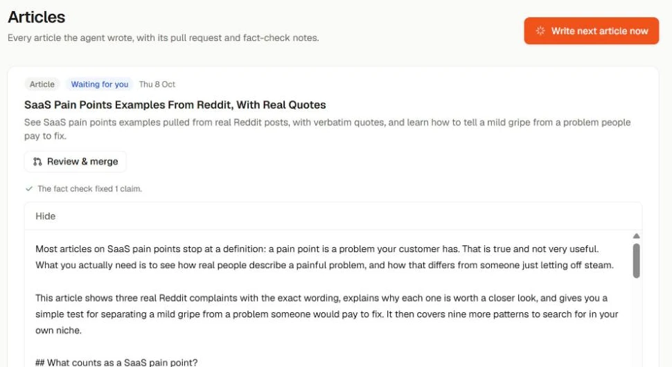 Article with its pull request link and fact-check result