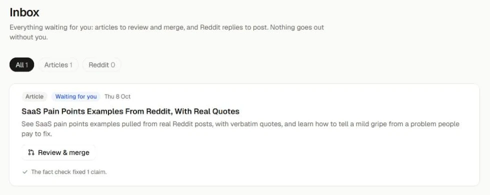 Inbox with an article waiting for review and merge